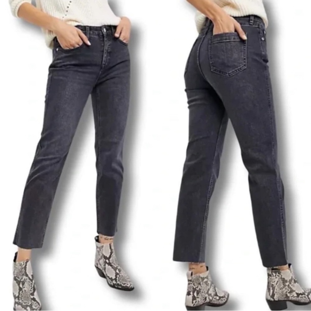 Free People Clean Girlfriend Raw Hem Straight Leg Jeans Washed Black Siz…